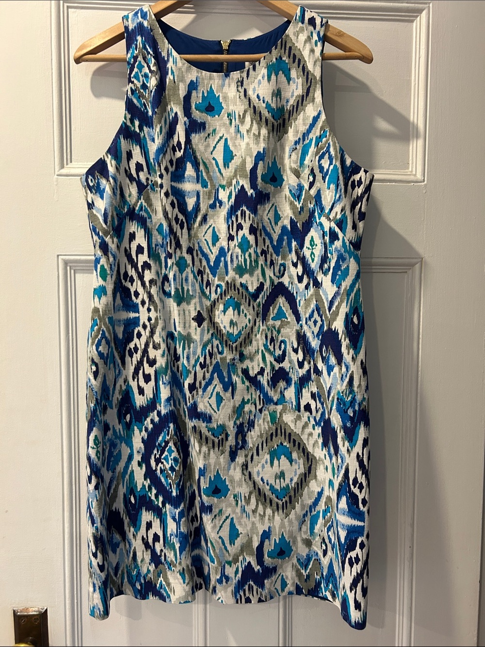 Eliza J Blue & White Ikat-Print Sleeveless Dress Size 10